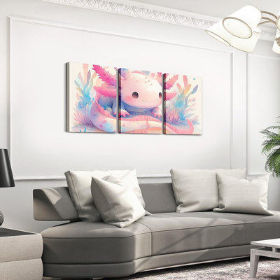 Cute Axolotl Wall Decor For Living Room Bedroom,Kawaii Cartoon Pink Salamander Bathroom Wall Art For Kids Boys Girls,Seaweed Marine Life Sealife Artwork Posters 12"X16" 3 Piece