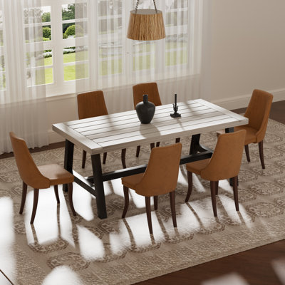 7 Pieces Modern Farmhouse Light Gray Rectangle Dining Set with Mid-century High Back Dining Chair Set for 6