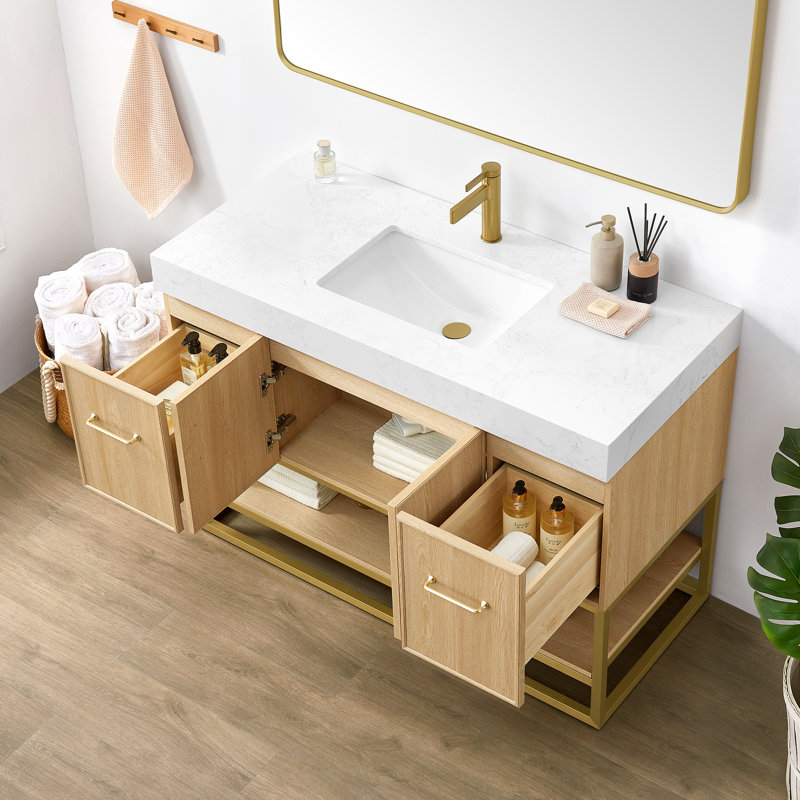 Ensemble de meuble-lavabo à simple cuve 48 "en chêne foncé avec plateau en pierre composite à grain blanc Scotto, 48"