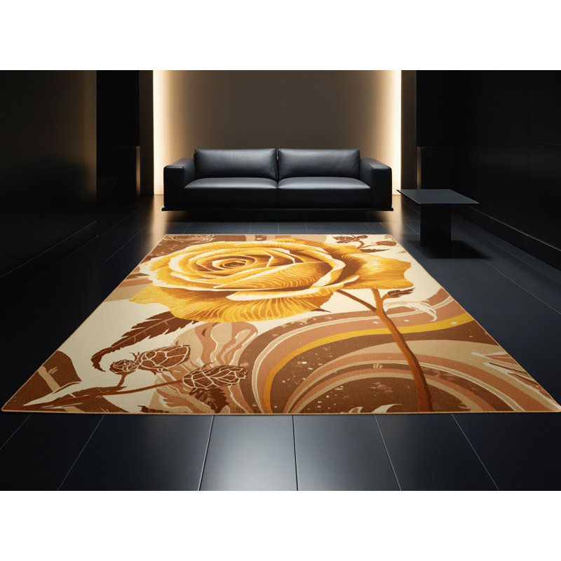 Tapis éclectique à motif floral rose et rose lavable à la machine - reliure brun clair, Rond 3 pi