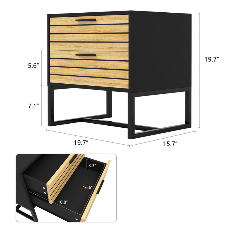 Table de chevet moderne à deux tiroirs en MDF avec pieds en métal