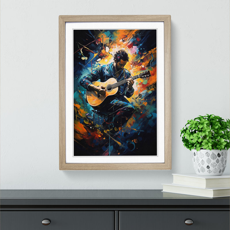 Acoustic Guitar Expressionism No.2 - Single Picture Frame Print on Wood, 34cm H x 25cm W x 2cm D, Oak