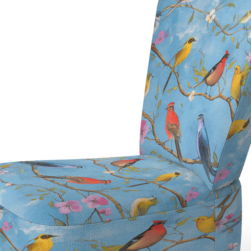Multi-Color Bird On Tree - Upholstered Farmhouse Accent Side Chair, Blue Polyester Blend