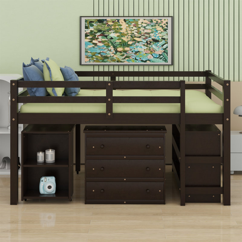 Low Study Bed With Cabinet ,Shelves And Rolling Portable Desk ,Multiple Functions Bed, Espresso