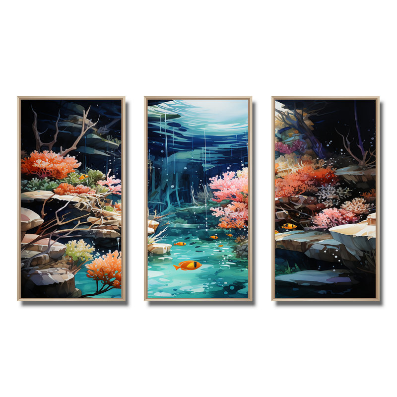 «Realistic Underwater Coral Garden II», art mural corail, Cadre flottant brun, H 28 po x l 36 po x P 1 po