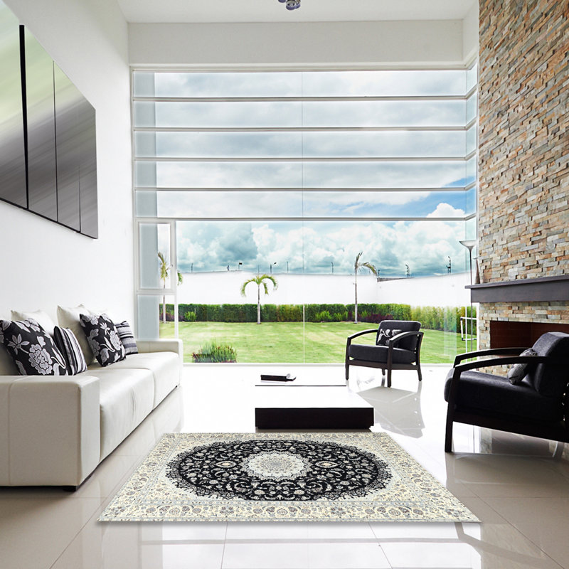 Tapis crème / noir en laine Brionna, Carré 6 pi