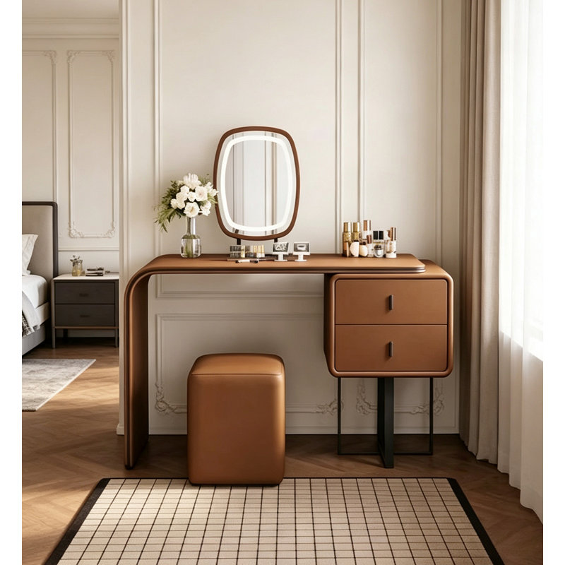 Ensemble coiffeuse moderne en cuir courbé avec miroir lumineux DEL