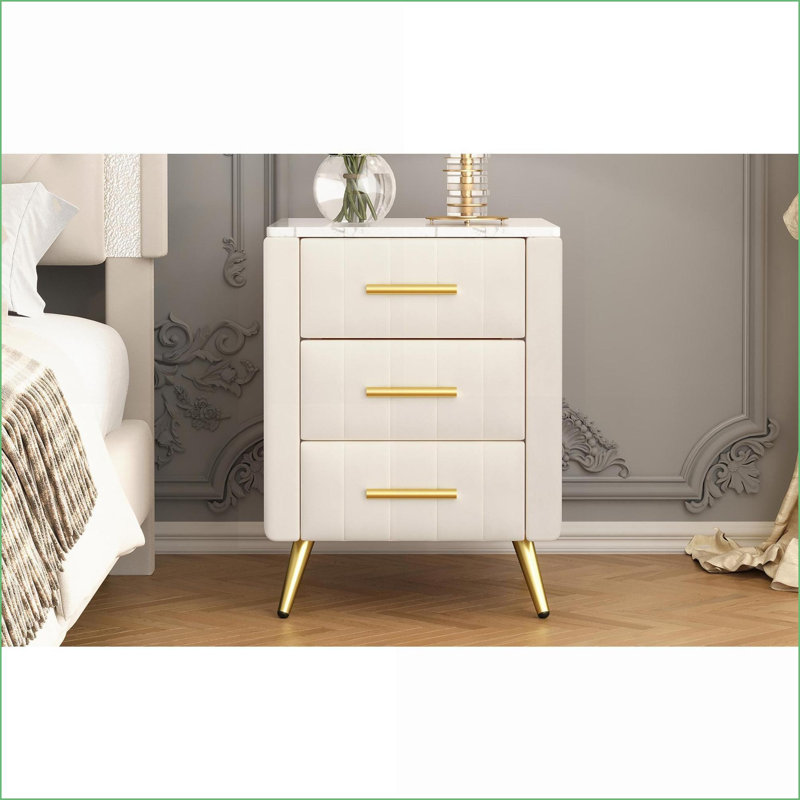 Beige Upholstered 3-Drawer Nightstand with Marbling Top and Metal Accents