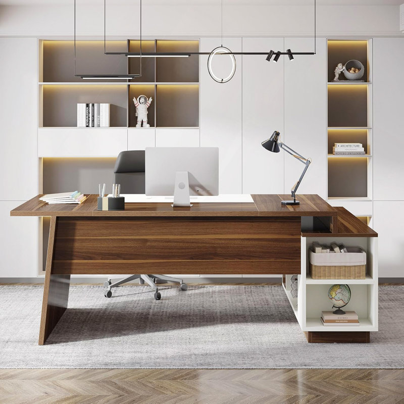 Bureau de direction en L 70,5 po avec armoire de rangement et tablettes, grand poste de travail moderne de style Mid-Century pour le bureau à domicile