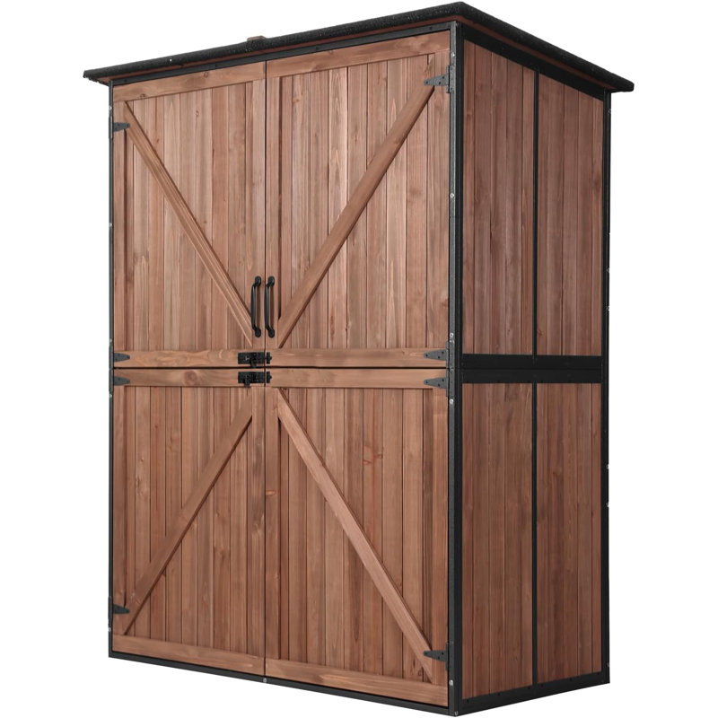 Armoire de rangement extérieure améliorée avec armature en métal solide et rangement pour outils de jardin avec tablettes réglables et plancher en bois brun foncé