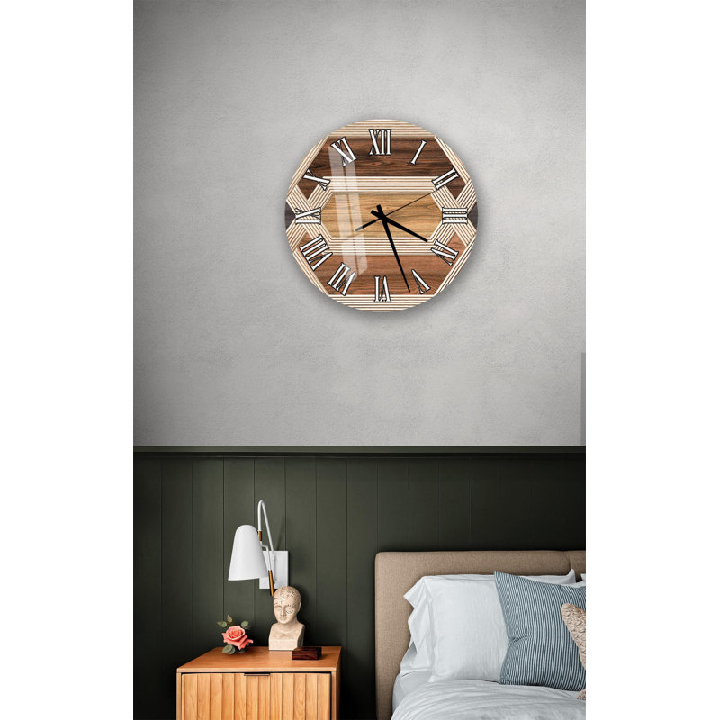 Horloge murale à motif géométrique en bois - impression d'illusion 3D brun rustique - décor de ferme moderne pour le salon, cadeau d'art de bureau abstrait