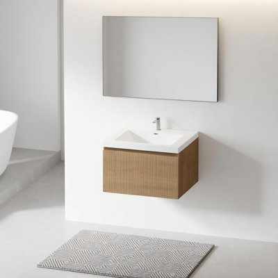 Meuble-lavabo mural rayé 24 po avec lavabo à fermeture en douceur et surface de travail en chêne naturel entièrement assemblé