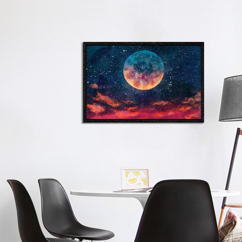 Moon Among Stars In Universe by Valery Rybakow - Painting on Canvas, 101.6 cm H x 66.04 cm W, Black Framed