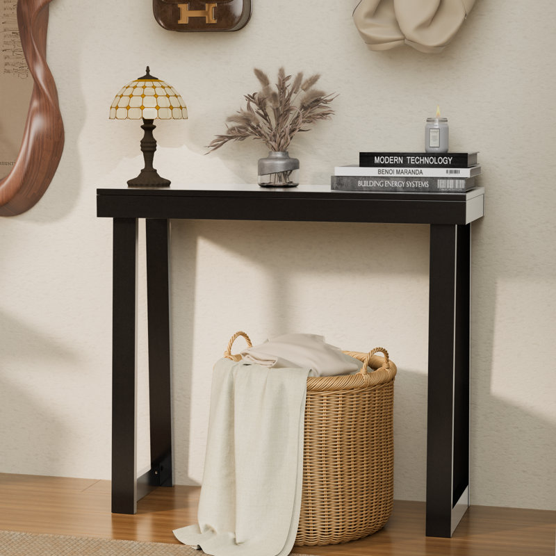 Nature Modern Console Table Solid Wood For Entryway Or Hallway Decor, Black, 31.59" H  x 35.49" W x 11.89" D