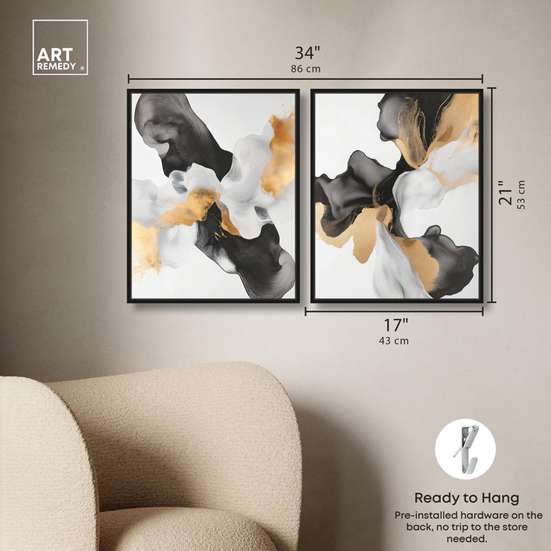 «Celestial Boundaries», ensemble de 2 élégantes œuvres d'art modernes par Art Remedy, H 20 po x l 16 po, Cadre flottant noir