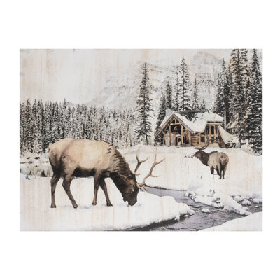 Wooden Winter Reindeer and Lodge Plaque 17.5"H