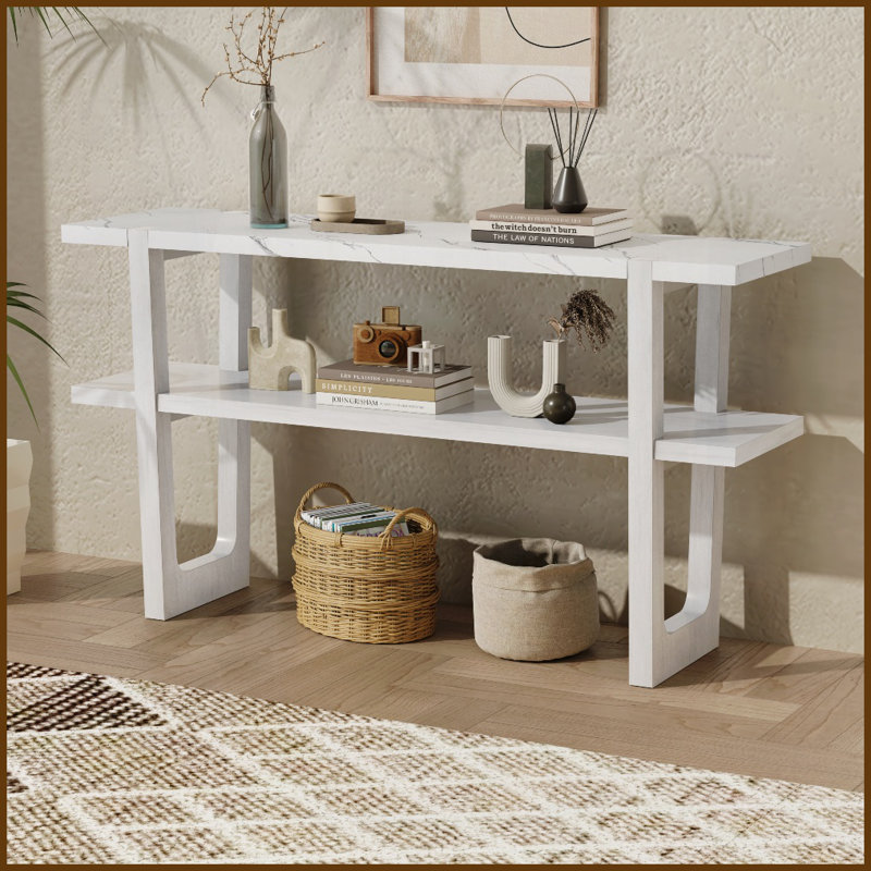 Table basse étroite antique blanche avec plateau en marbre - peu encombrante pour le couloir et amp; Salon, facile à nettoyer