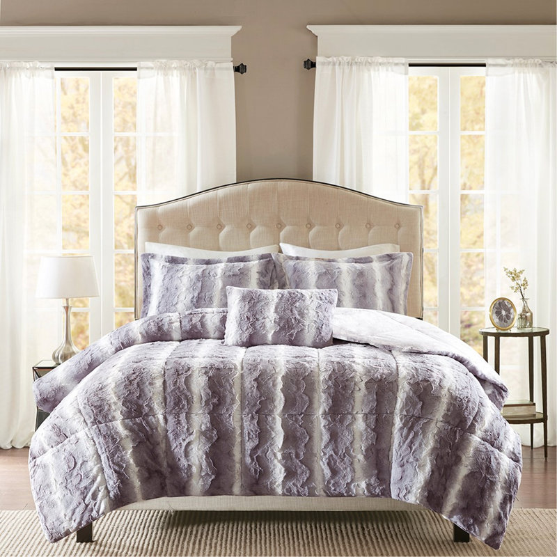 Ensemble d'édredon luxueux en fausse fourrure 4PC avec bourre hypoallergénique et coussin décoratif assorti, Gris