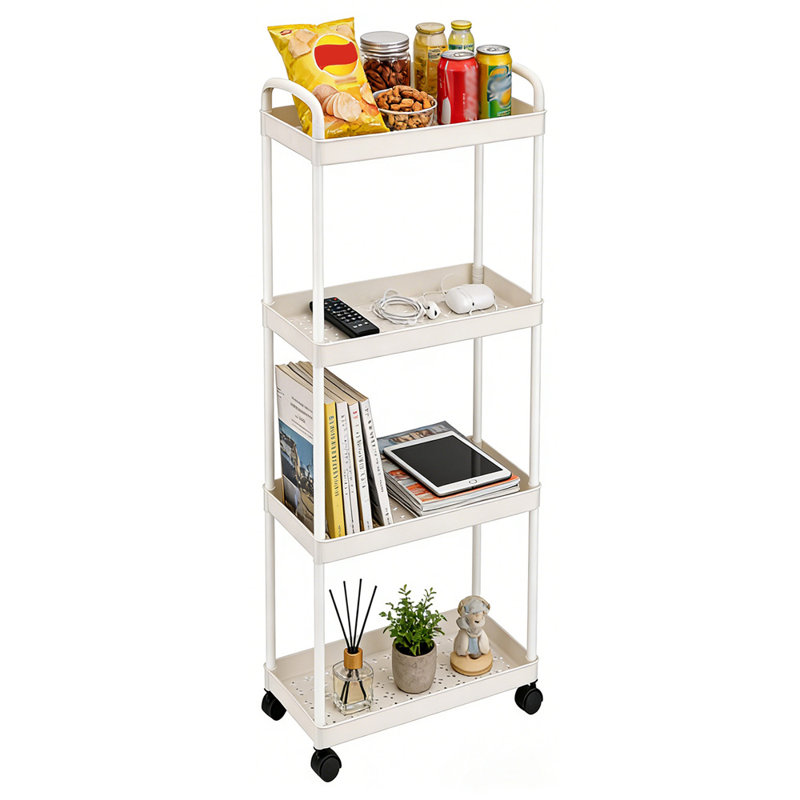 Chariot utilitaire roulant en plastique à 4 niveaux avec poignée, chariot de rangement multifonctionnel pour bureau, salon, cuisine, organisateur de rangement mobile avec roues, blanc