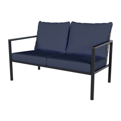Outdoor Aluminum Loveseat Sofa with PE Wicker Backrest & Thick Cushion for Patio, Deck, Balcony & Garden
