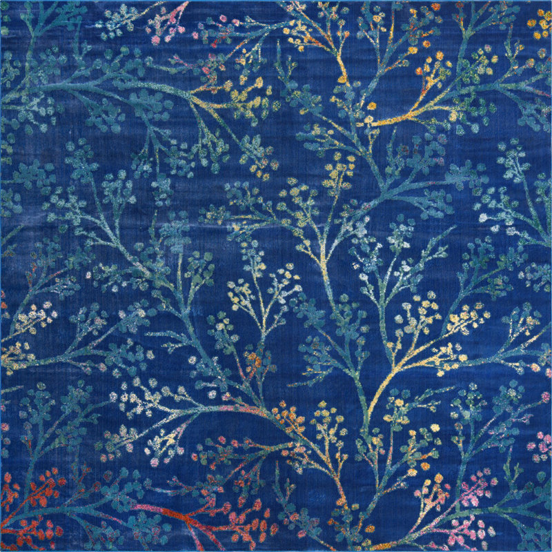 Tapis champêtre et floral de couleur bleu nuit, Carré 10 pi