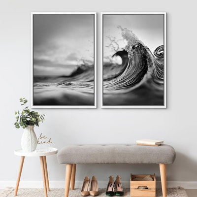 «Faded Green and Gray Wave Landscape Abstract Shapes», 2 pièces sur toile