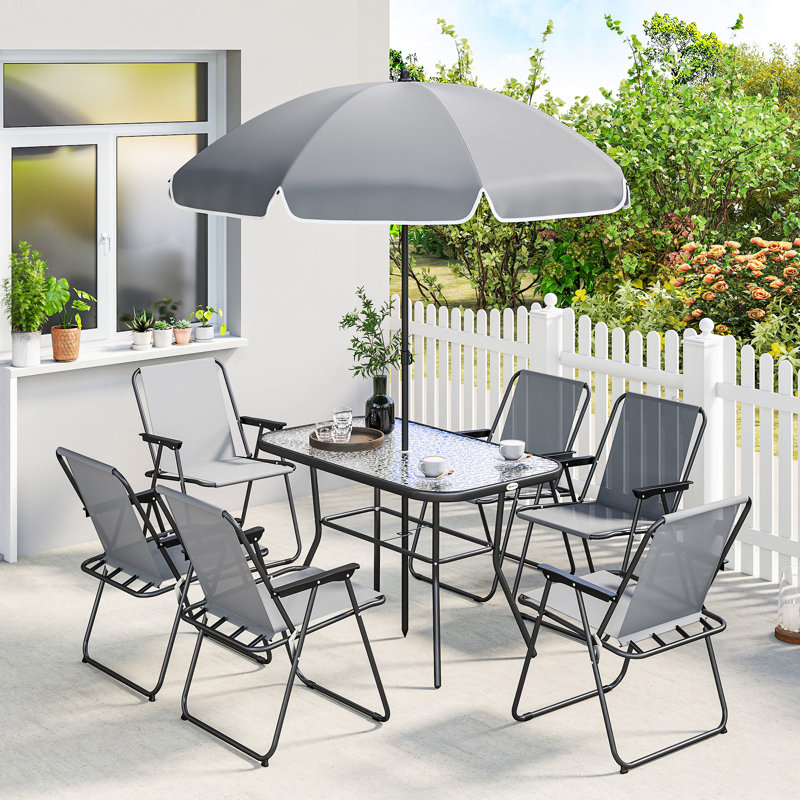 Outsunny 8 Piece Garden Dining Set with Parasol, 6 Folding Chairs,, Grey