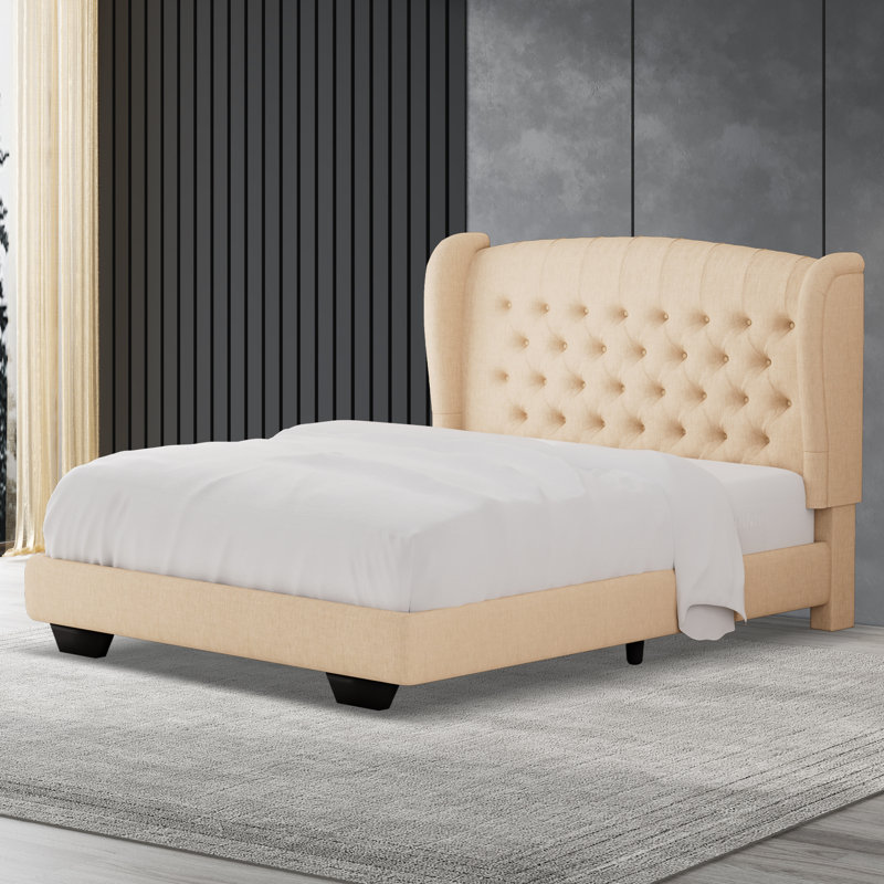 Lit tapissier en tissu, base de lit à hauteur réglable capitonnée, Beige, Double