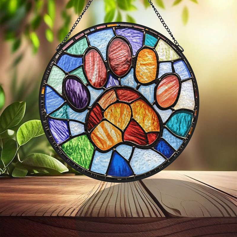 Vitrail avec empreintes de pattes et vitrail pour fenêtre, 7,8 x 7,8 po (20 x 20 cm)
