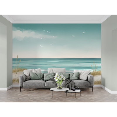 Coastal Wallpaper Mural, Minimalist Ocean Landscape Wall Art, Neutral Beach Decor in Soft Turquoise Beige, Seascape Mural 