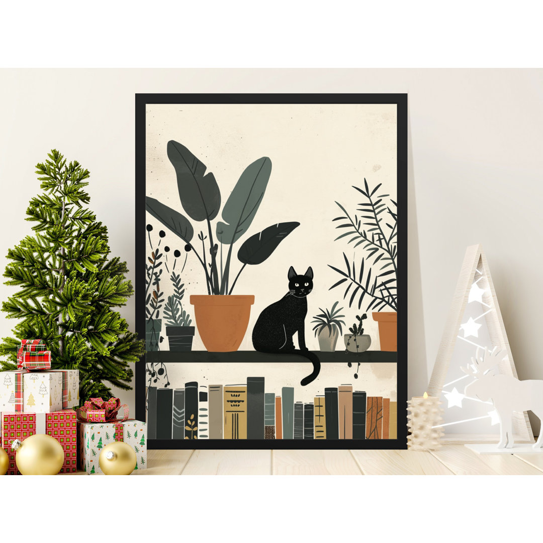 Black Cat Wall Art, Botanical Art Print, Cat and Plants Poster, Modern Home Decor, Matte Vertical Poster