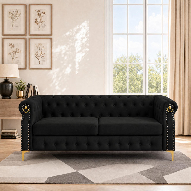  83.5" Velvet Chesterfield Tufted Sofa, Black