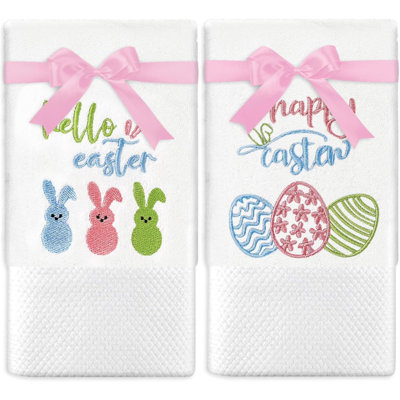 2Pcs serviettes de bain de Pâques en coton brodé avec œufs colorés, serviette de lapin avec ruban, serviette de lapin à ressort pour le séchage à la main, cadeau de cuisine