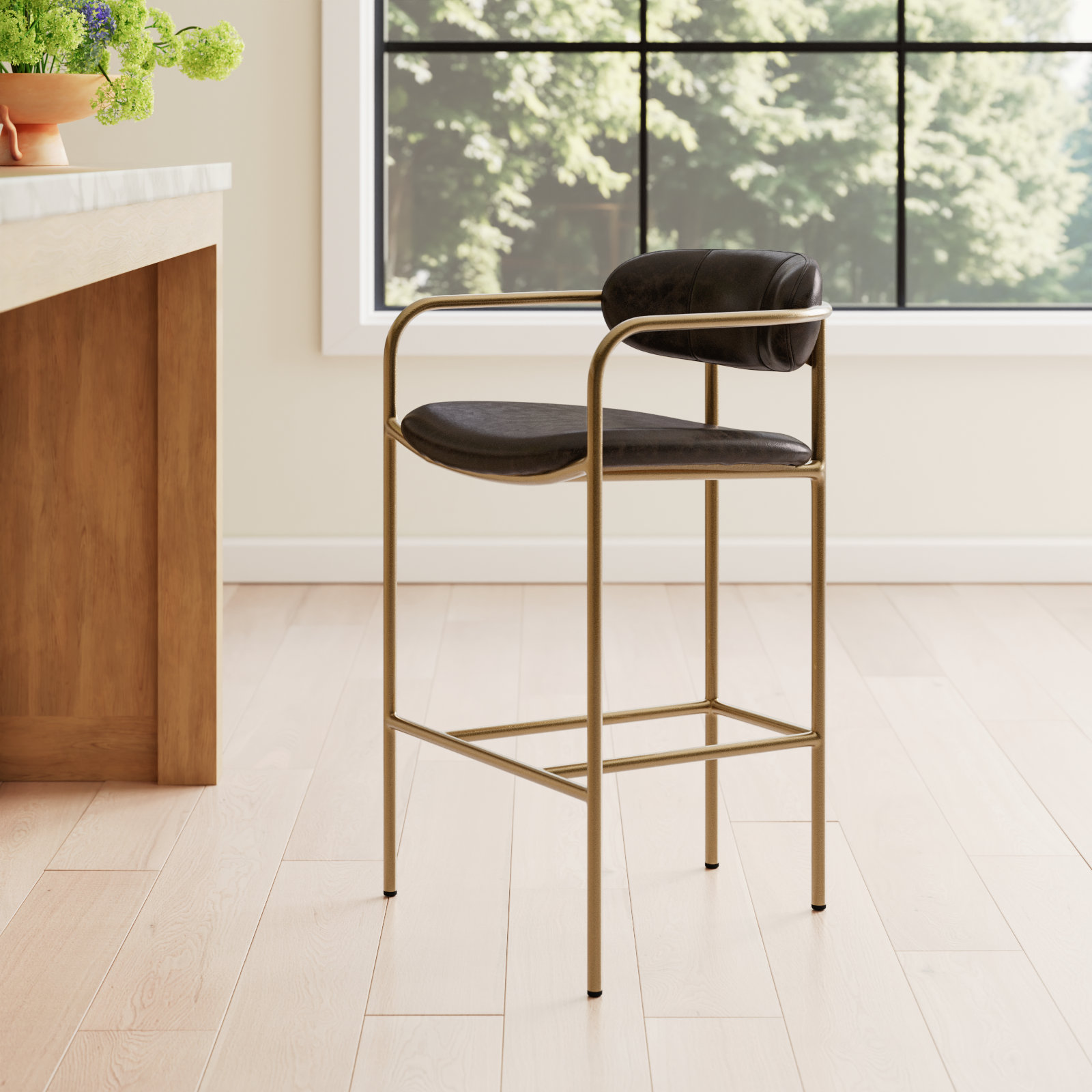Belarus Fabric Seat Stool, Counter Stool (26.5" Seat Height), Gold, Dark Brown