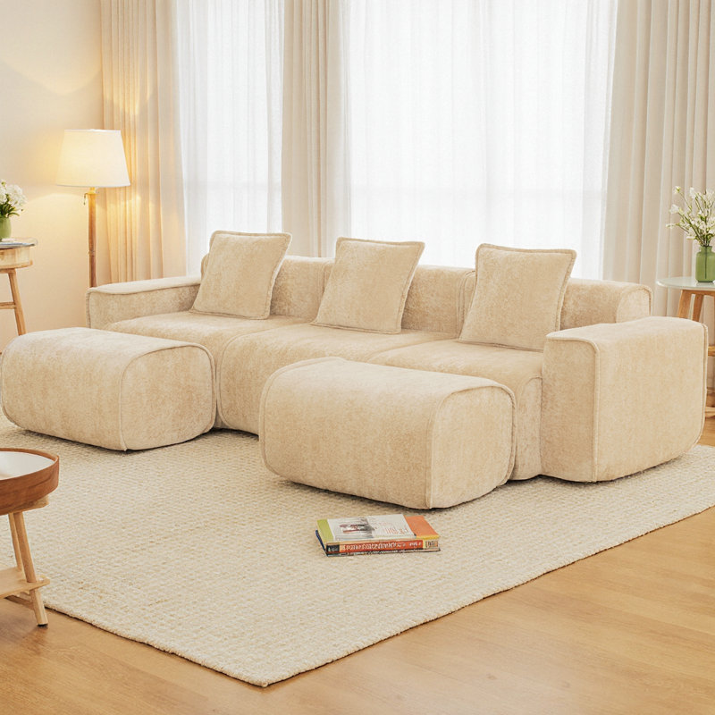 Canapé modulaire en U à 3 places avec passepoil à bordure française, sans assemblage requis avec coussins décoratifs et 2 repose-pieds mobiles