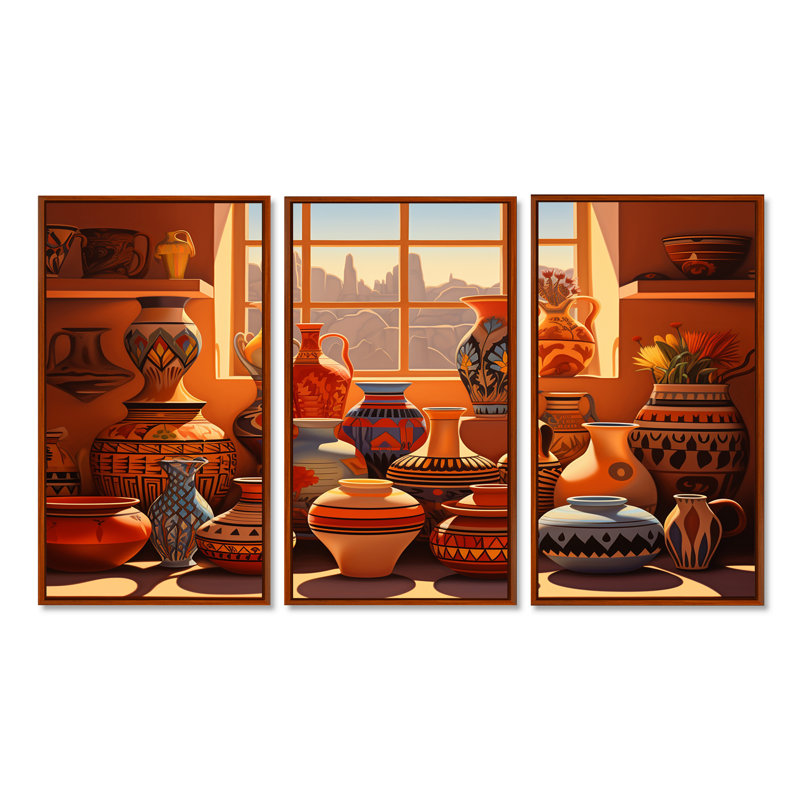 «Mexicain terre cuite vases fenêtre vue coucher de soleil», Cadre flottant brun, H 28 po x l 36 po x P 1 po
