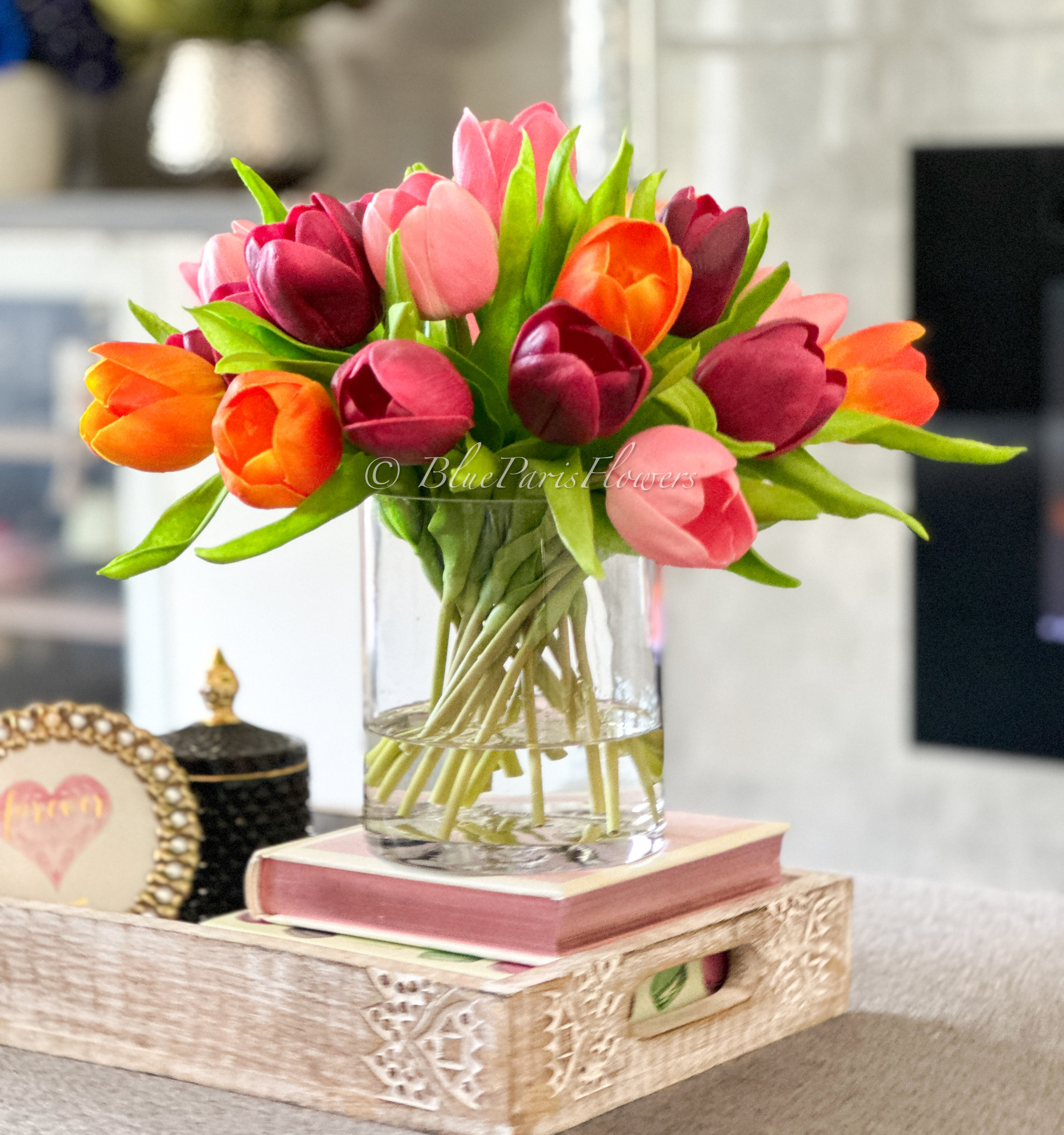 Primrue 12” pink Real Touch Tulips In Glass Vase | Wayfair