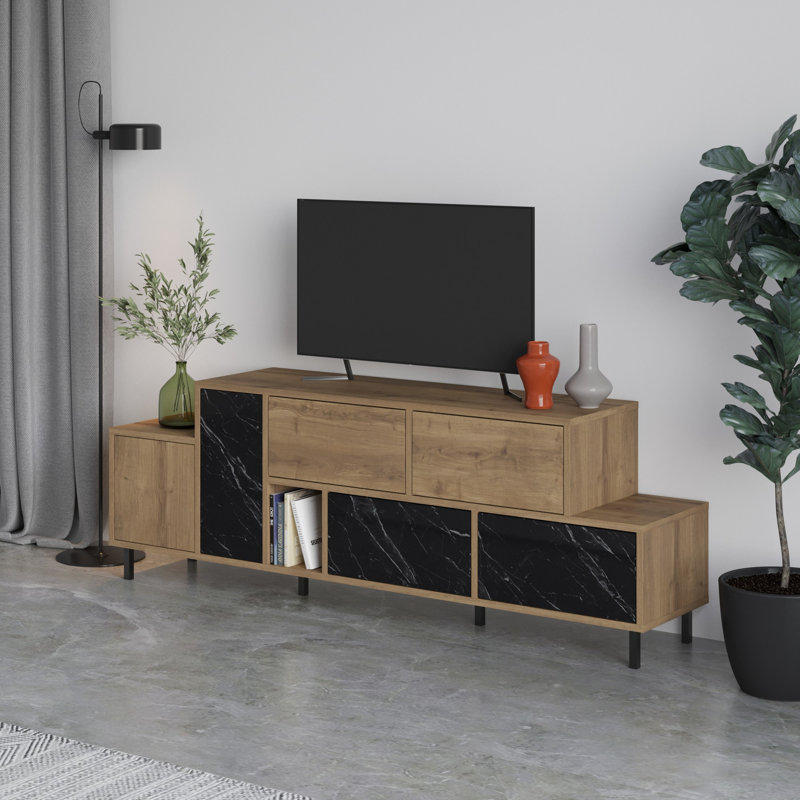 Modern TV Stand with Numerous Shelves, Oak & Black, 67.5 x 23.6 x 14.0 inches | 100% Melamine Coated Particle Board, Soft-Close Hinges | Stylish Design for Living Room & Entertainment Spaces, Durable & Elegant