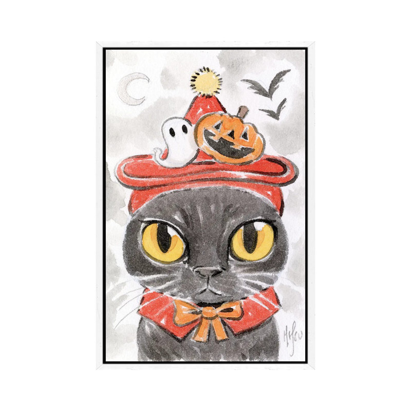 Cat - Spooky Hat 1 Piece Painting on Canvas, 66.04 cm H x 45.72 cm W, White Framed