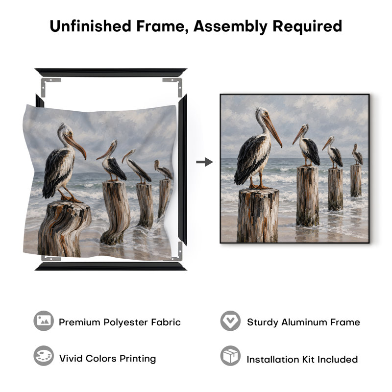Extra Large Wall Art Fabric Print - Coastal Pelicans on Wooden Posts by Ocean for Living Room or Bedroom - "Frame Assembly Required (Unfinished Frame)"