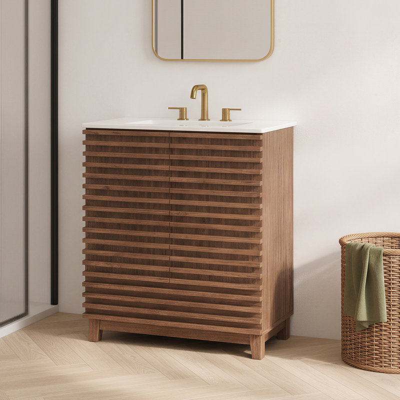 Meuble-lavabo de salle de bain en MDF de 76 cm (30 po) avec lavabo en céramique, meuble autoportant avec portes cannelées et rangement