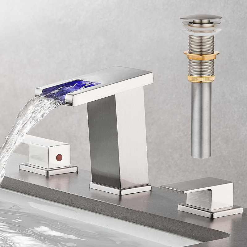 LED Waterfall Bathroom Faucet – 8-Inch Widespread 3-Hole Vanity Faucet with Double Handles, ‎Brushed Nickel