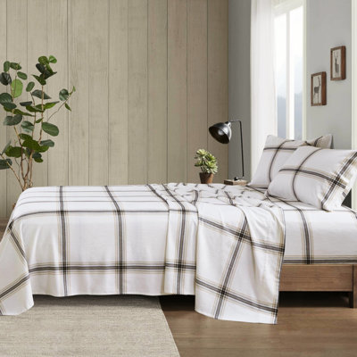 4 Pcs Queen Sheet 100% Cotton Flannel Tan Plaid Twin/full 12" Queen/king/ King 14" Mattress Fit Both Sides Brushed No Harmful Substances - Machine Washable