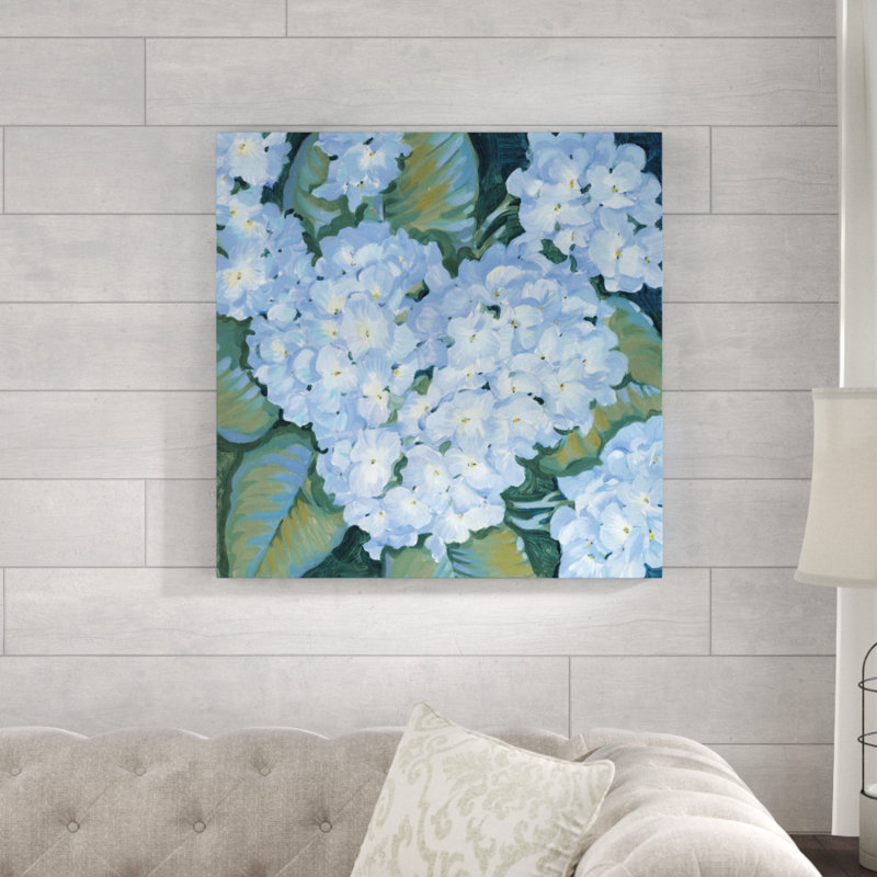 «Blue Hydrangeas II», peinture sur toile, H 30 po x l 30 po, Toile tendue