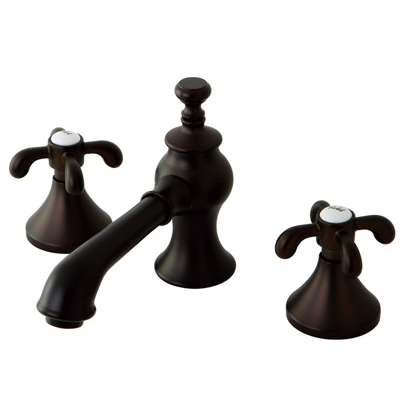 Kingston Brass French Country Two-Handle 3-Hole Deck Mount Widespread Bathroom Faucet with Brass Pop-Up Drain