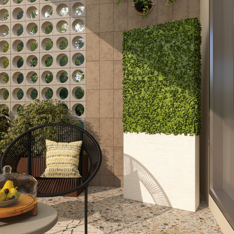 Topiaire en fausse haie de buis avec feuilles réalistes et jardinière en ciment noir, Blanc, H 65 po x l 29 po x P 9 po