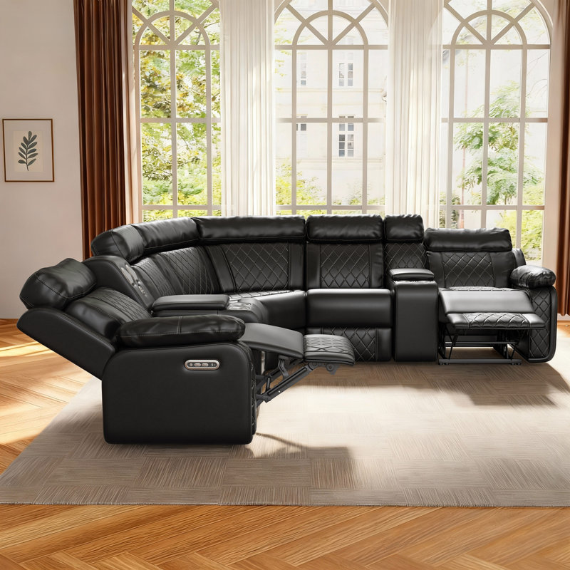 Power Recliner Sectional Couch with LED Light, Wide Air PU Leather Reclining Sectional Sofa with Bluetooth Speaker for Living Room
