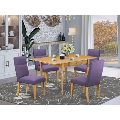 L'ensemble de table de cuisine 5 pièces pour 4 personnes comprend une table de salle à manger rectangulaire avec Dropleaf et 4 chaises Parson en tissu de lin, chêne