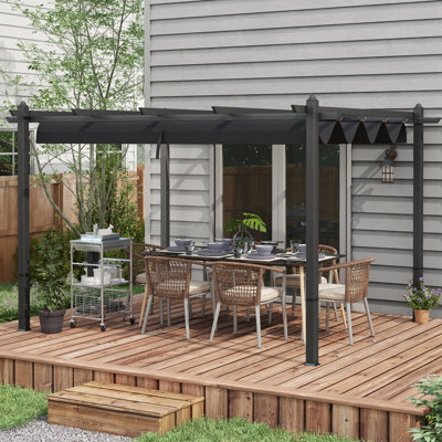 Retractable Pergola Canopy, Wood Grain Aluminum Pergola, Outdoor Sun Shade Shelter For Grill, Garden, Patio, Backyard, Deck