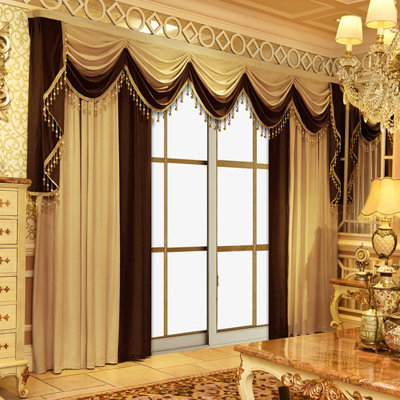 European Retro Beige Brown Two-tone Velvet Curtains With Handmade Swag Valance All-in-one Set, Thick Color Block Blackout Window Drapes For Villa Living Room Bay Floor Windows All Season Use